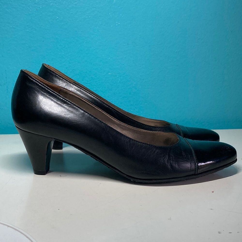Galo Women Pumps Black Leather 39.5 Vintage Patent Cap Toe Heel Italy 8.5
